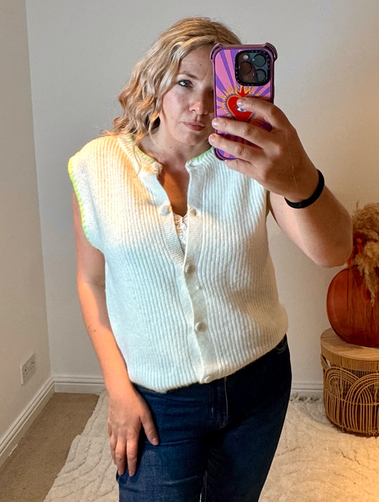 Soft Sleeveless Cardigan with Green Tipping | Cream/Green