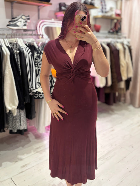 Stretch Jersey Twist Front V-Neck Midi Dress | Wine