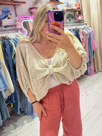 Knot Front Lightweight Crochet Sweater | Taupe/Gold
