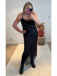 Lace Hem Satin Midi Skirt | Black