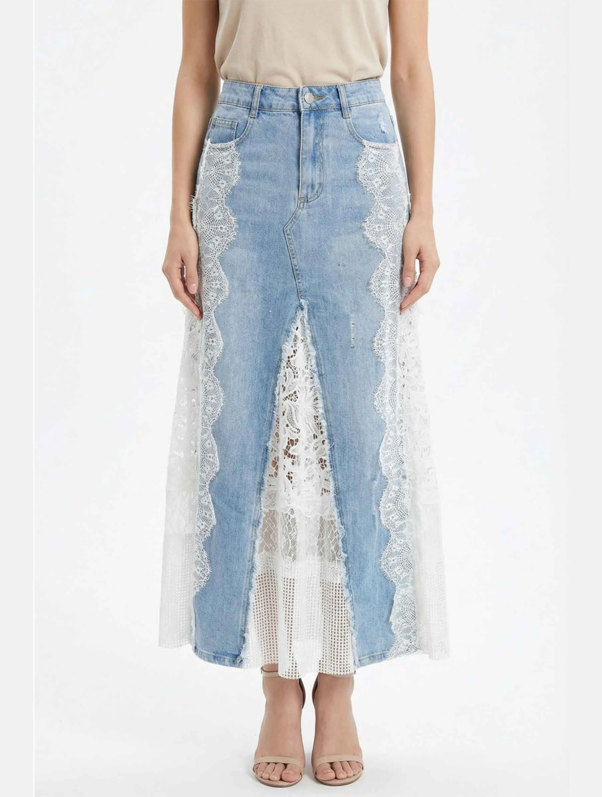 Lace Detail Denim Midi Skirt | Light Wash/White