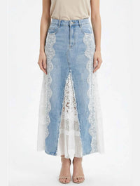 Lace Detail Denim Midi Skirt | Light Wash/White