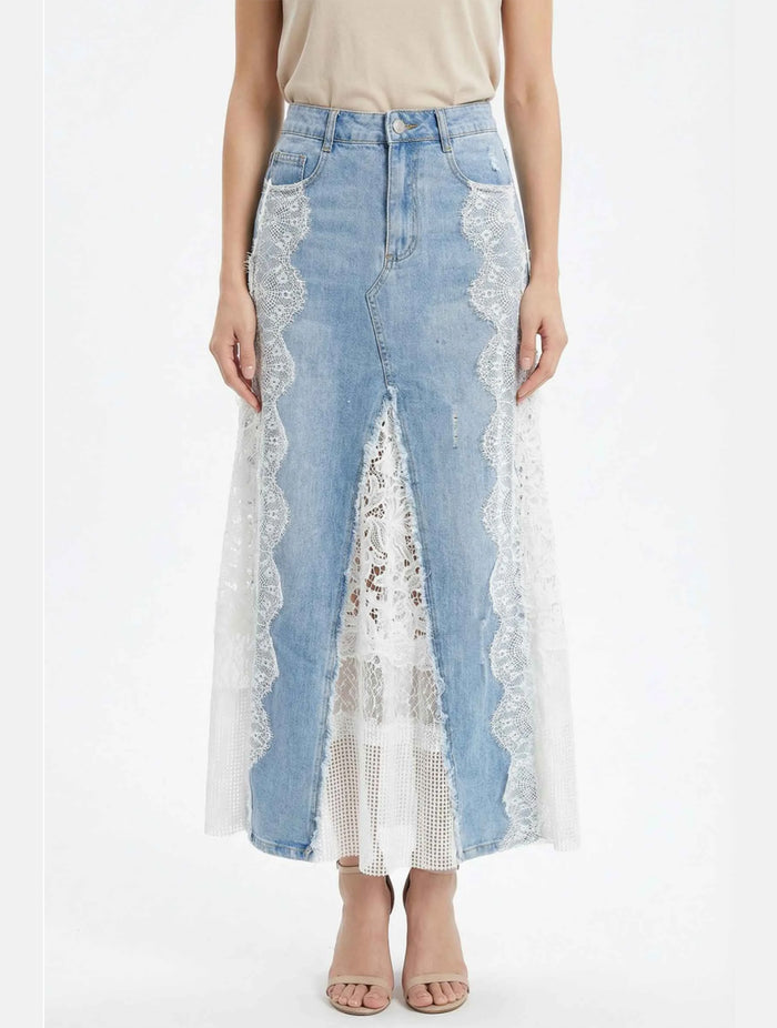 Lace Detail Denim Midi Skirt | Light Wash/White