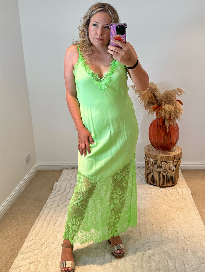 Satin Lace Detail Slip Dress | Neon Green