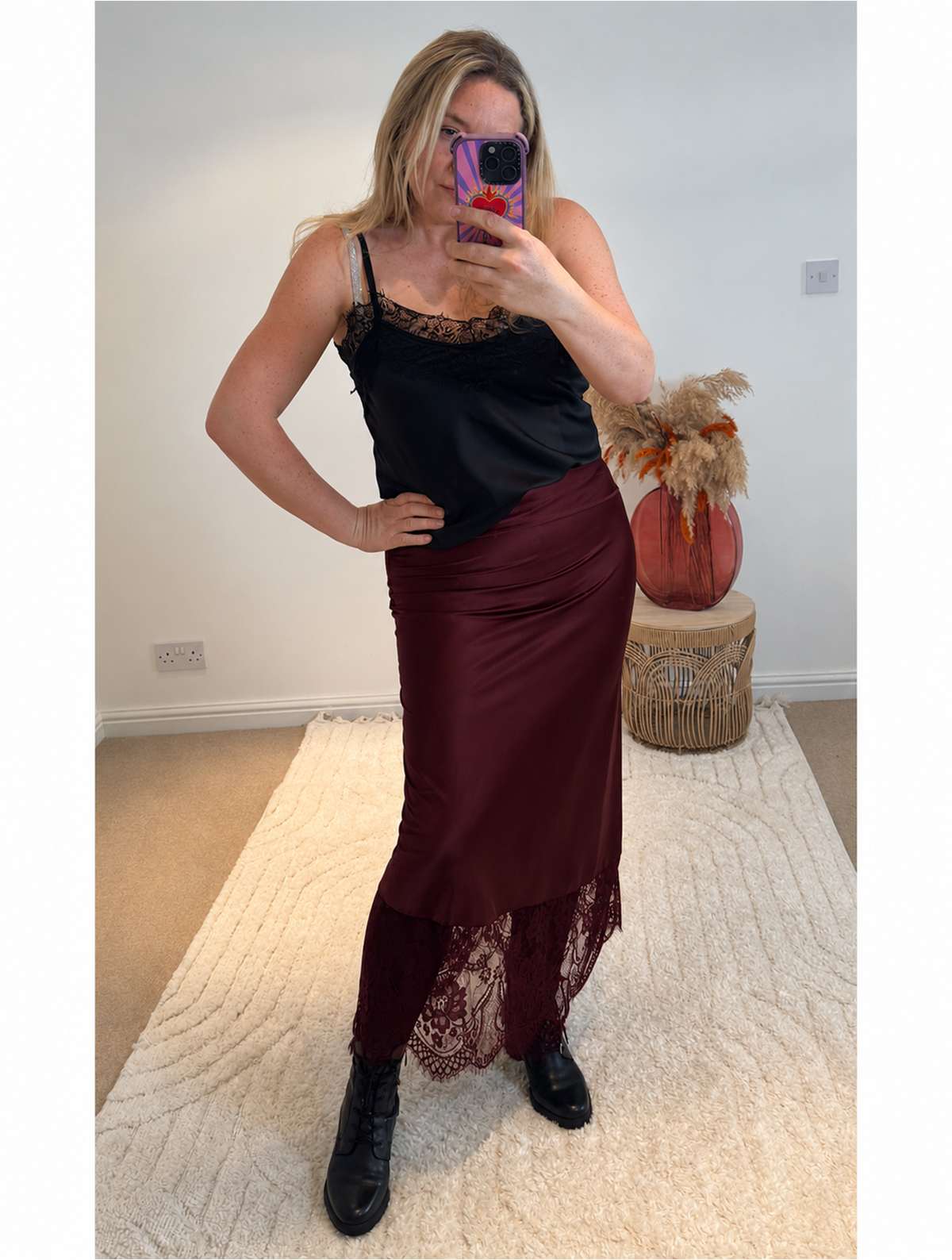 Lace Hem Satin Midi Skirt | Wine