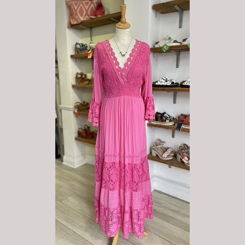 3/4 Sleeve Lace Maxi Dress | Pink