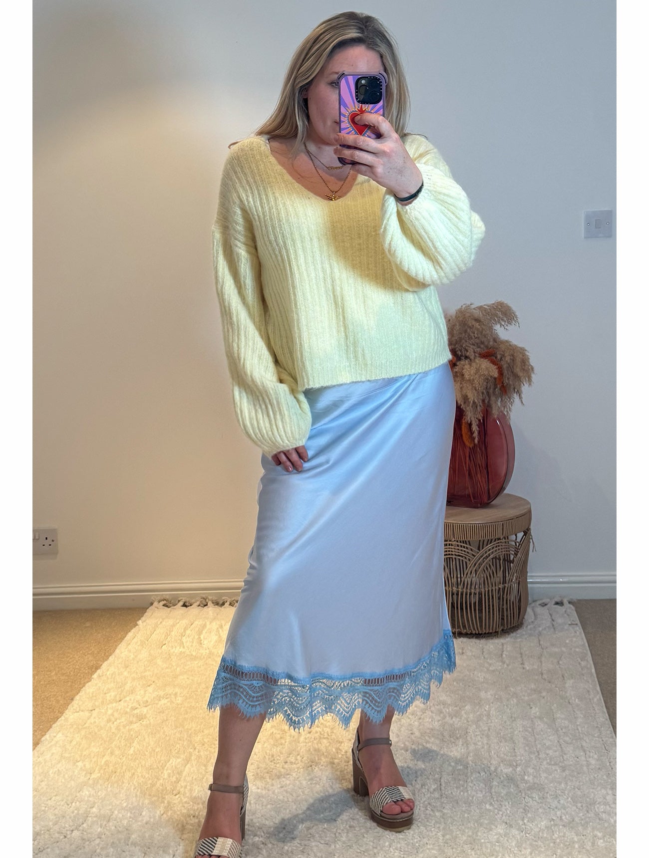 Aurora Satin Skirt with Lace Trim | Pale Blue