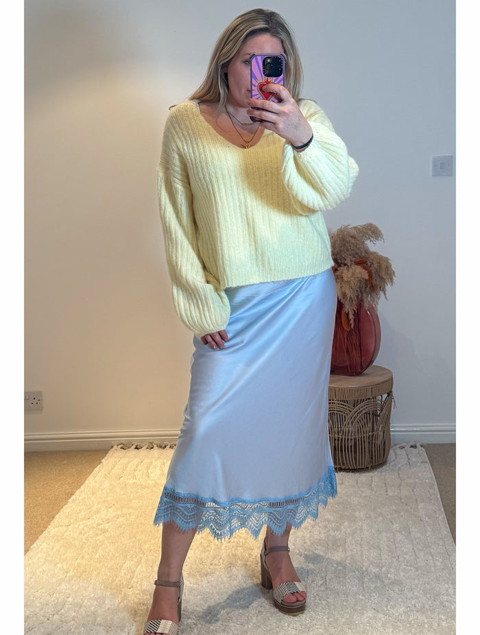 Aurora Satin Skirt with Lace Trim | Pale Blue