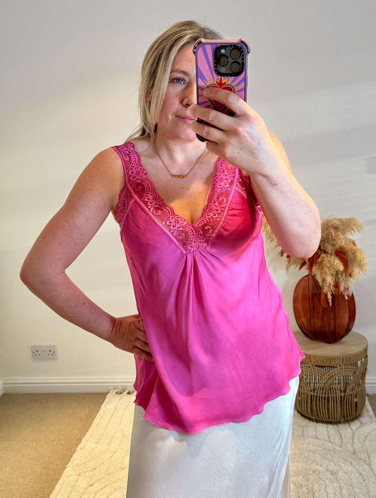 Layla Lace Silky Camisole | Fuchsia Pink