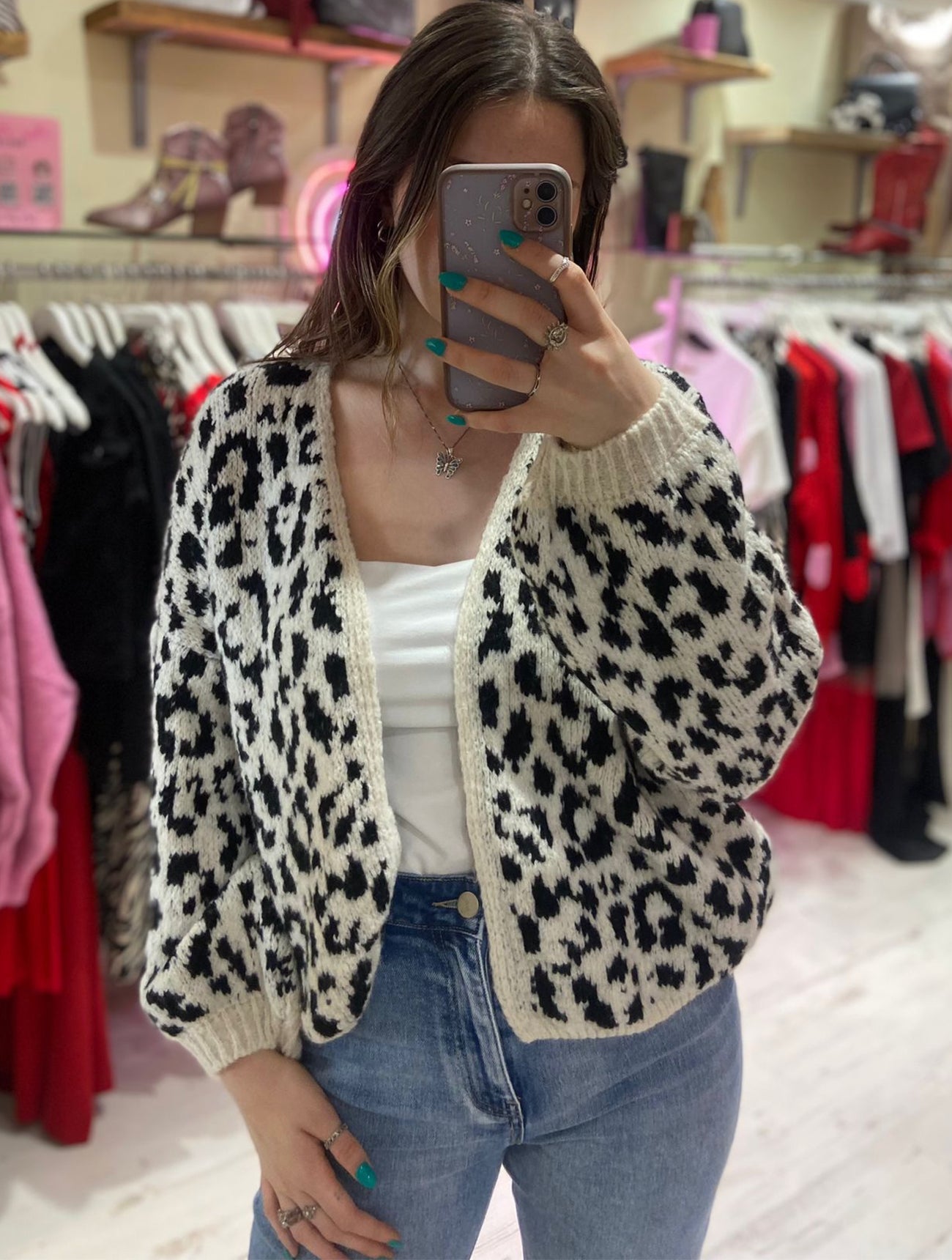 Leopard Chunky Knit Short Cardigan Black Cream Pink Flamingo Boutique Kent