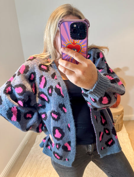 Bright Leopard Oversized Cardigan | Denim Blue/Pink Multi