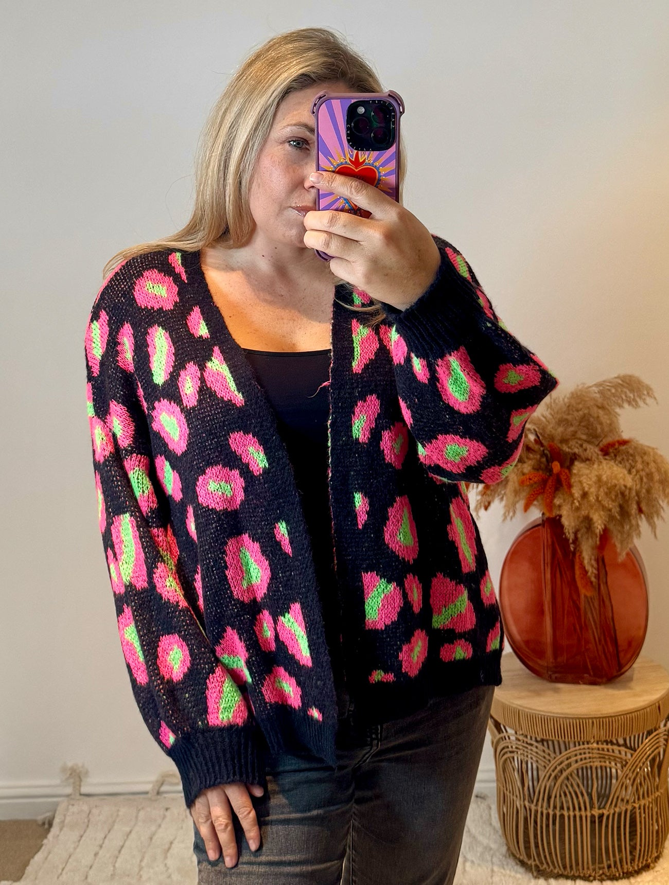 Bright Leopard Oversized Cardigan | Black/Neon Green/Pink