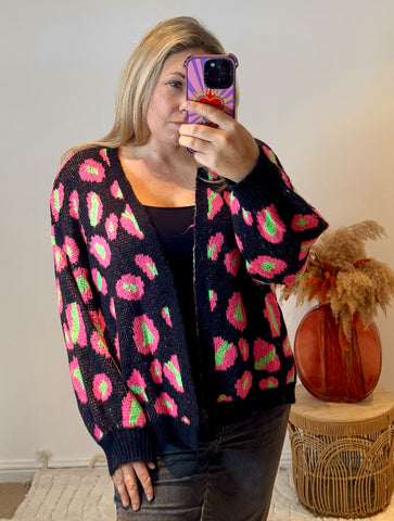 Bright Leopard Oversized Cardigan | Black/Neon Green/Pink