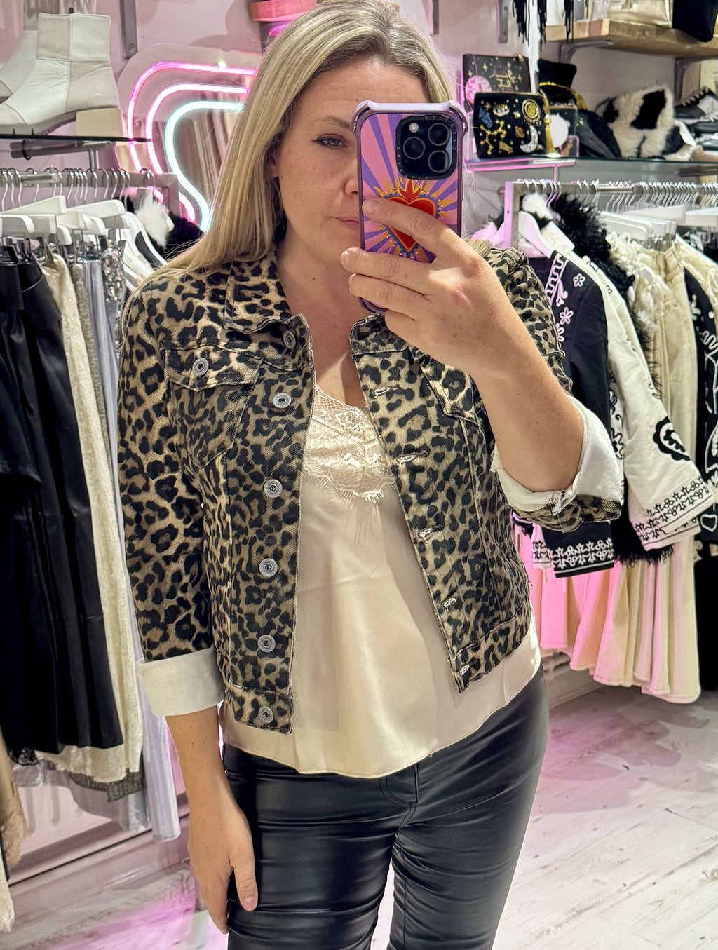 Leopard Print Denim Fitted Stretch Jacket | Brown Leopard