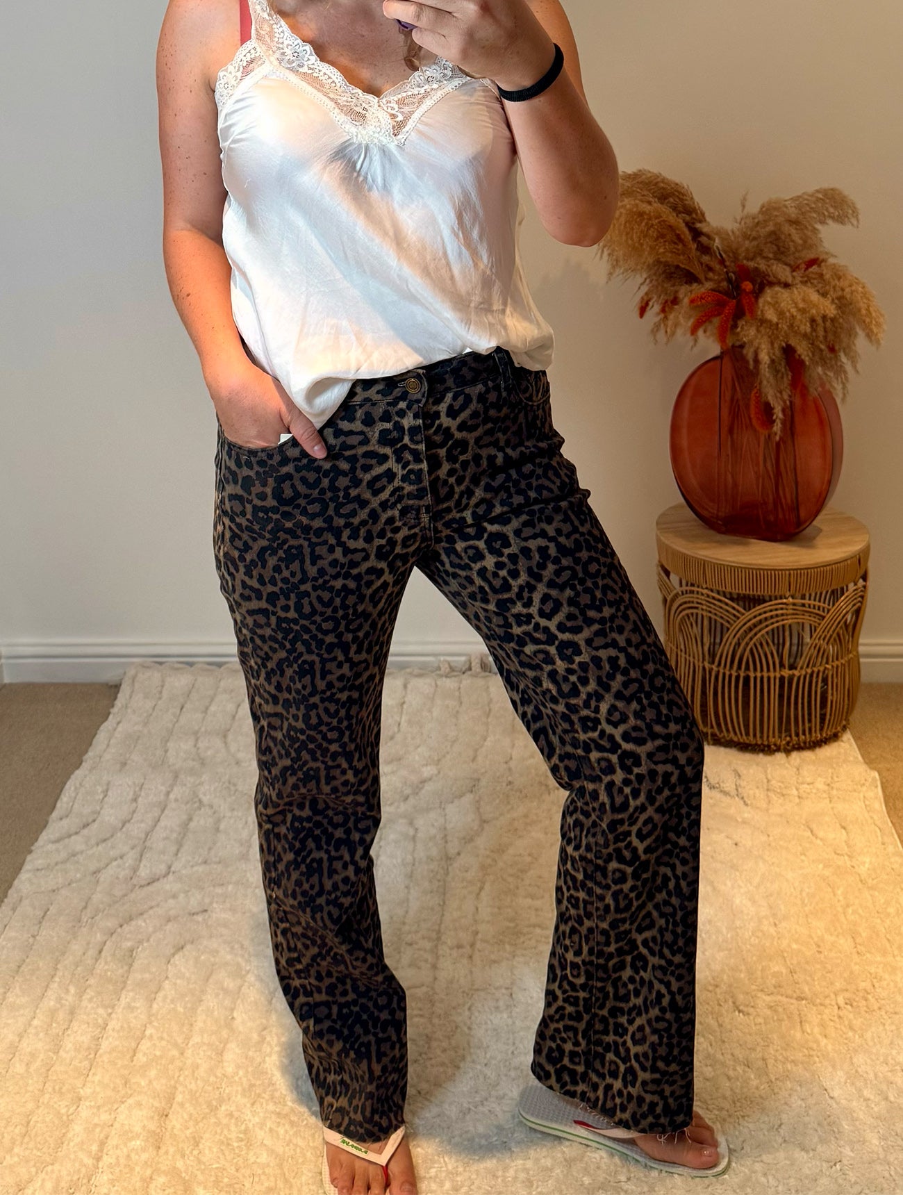 Folyrose Leopard Wide Leg Raw Hem Jeans | Brown Multi