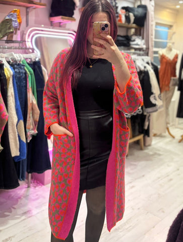 Bright Leopard Print Long Cardigan | Khaki Multi