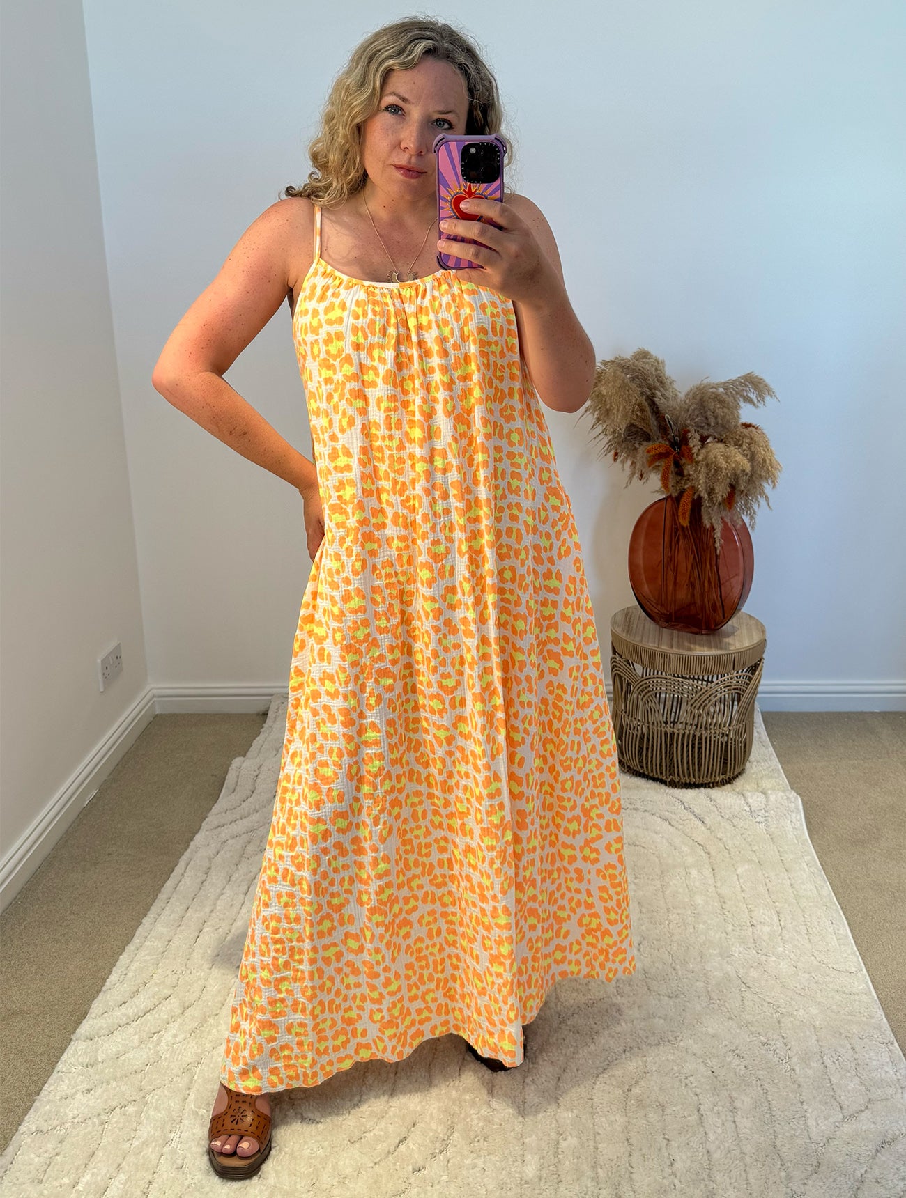 Leopard Cheesecloth Strappy Maxi Dress | Orange