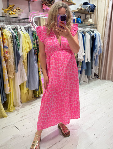 Leopard Frill Sleeve Cotton Cheesecloth Dress | Bright Pink