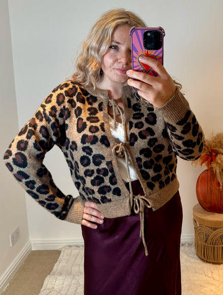 Leopard Tie Front Cardigan | Brown Multi