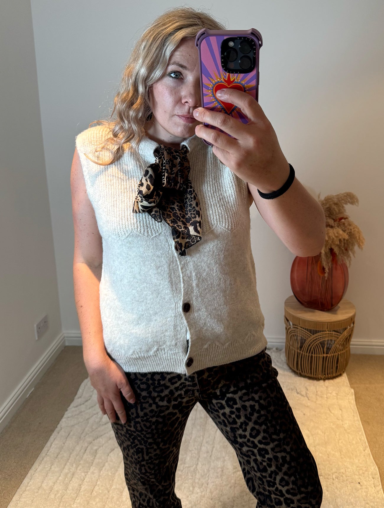 Chic Leopard Tie Neck Sleeveless Cardigan | Oatmeal