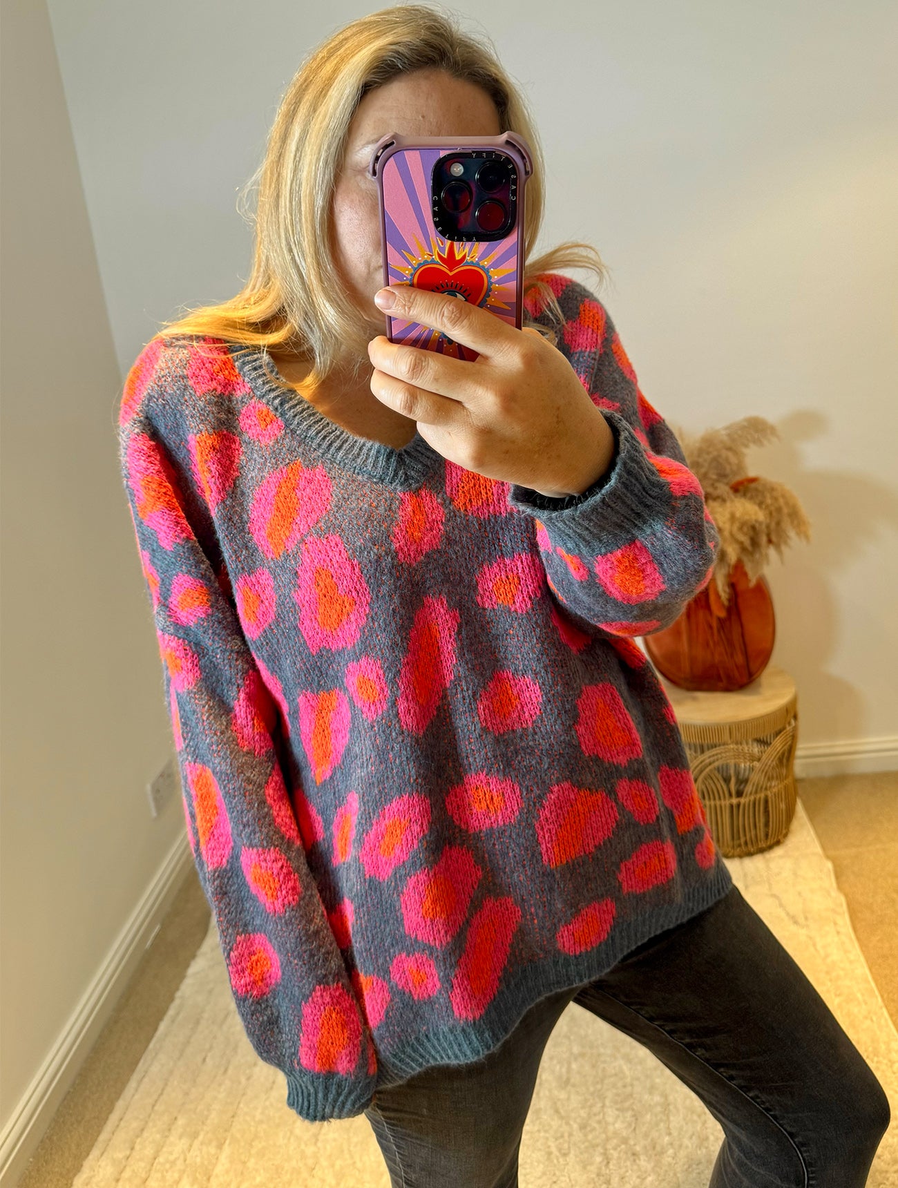 Bright Leopard Oversized V-Neck Jumper | Blue/Orange/Pink