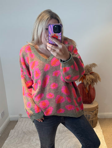 Bright Leopard Oversized V-Neck Jumper | Khaki/Orange/Pink