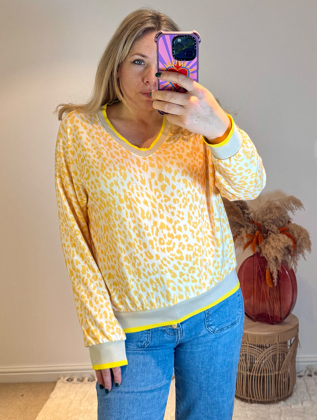 Leopard Retro V-Neck Lightweight Sweat Top | Yellow