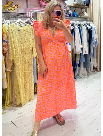 Leopard Frill Sleeve Cotton Cheesecloth Dress | Bright Orange