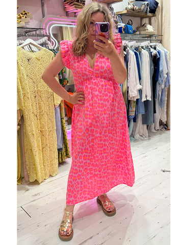 Leopard Frill Sleeve Cotton Cheesecloth Dress | Bright Pink/Orange