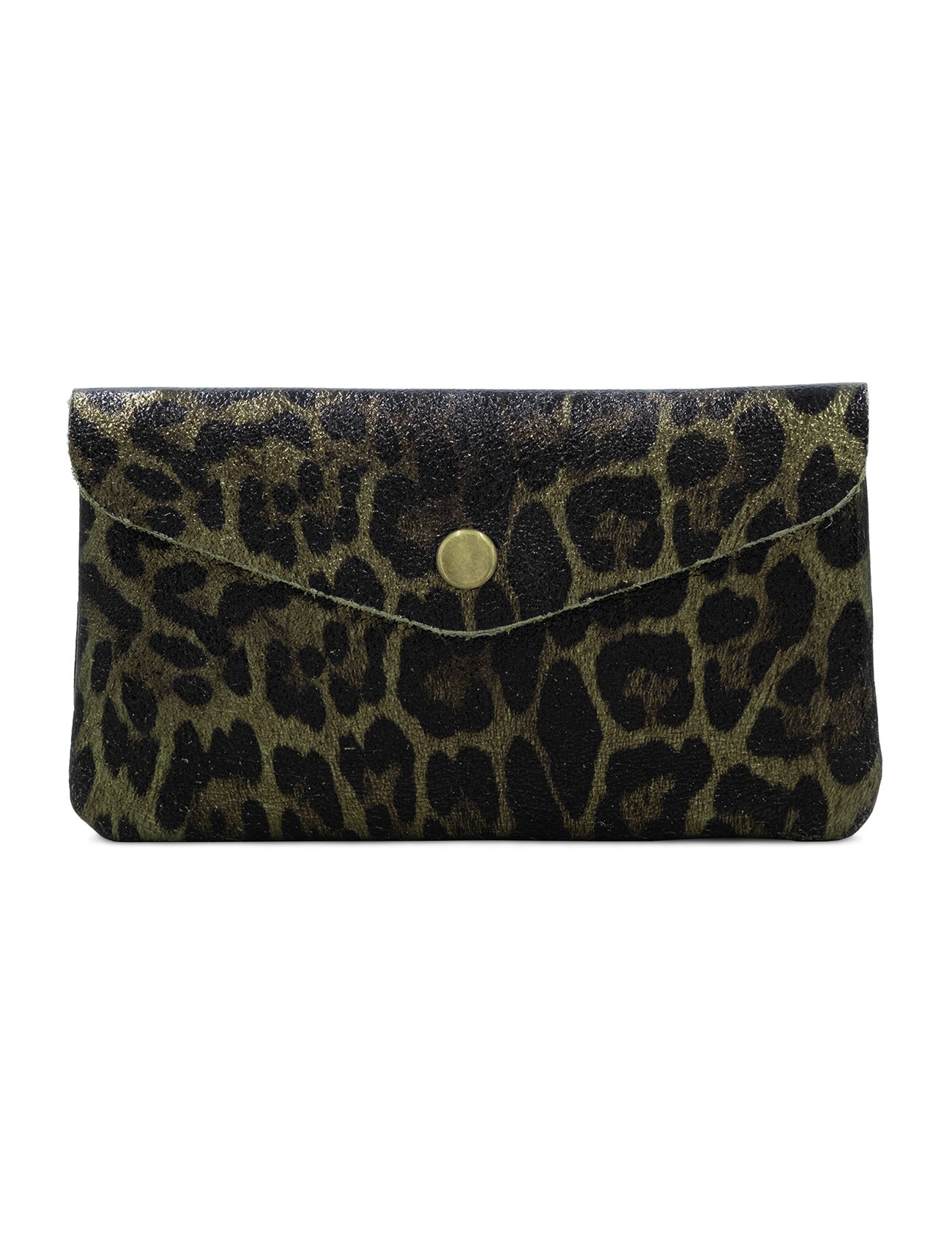 Large Metallic Leopard Leather Purse | Olive Green