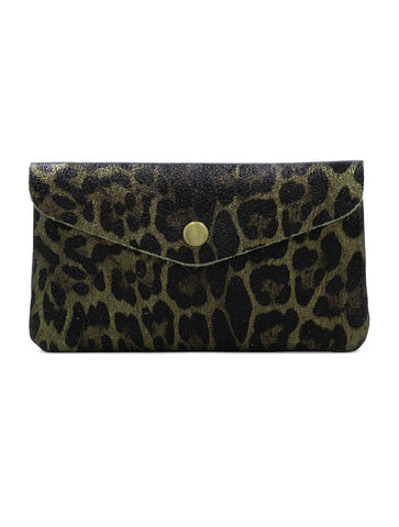 Large Metallic Leopard Leather Purse | Olive Green