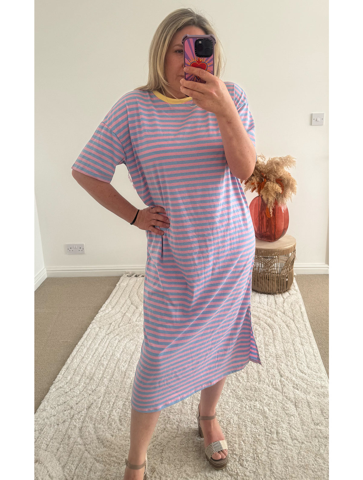 Seaside Stripe Midi T-Shirt Dress | Light Blue and Pink
