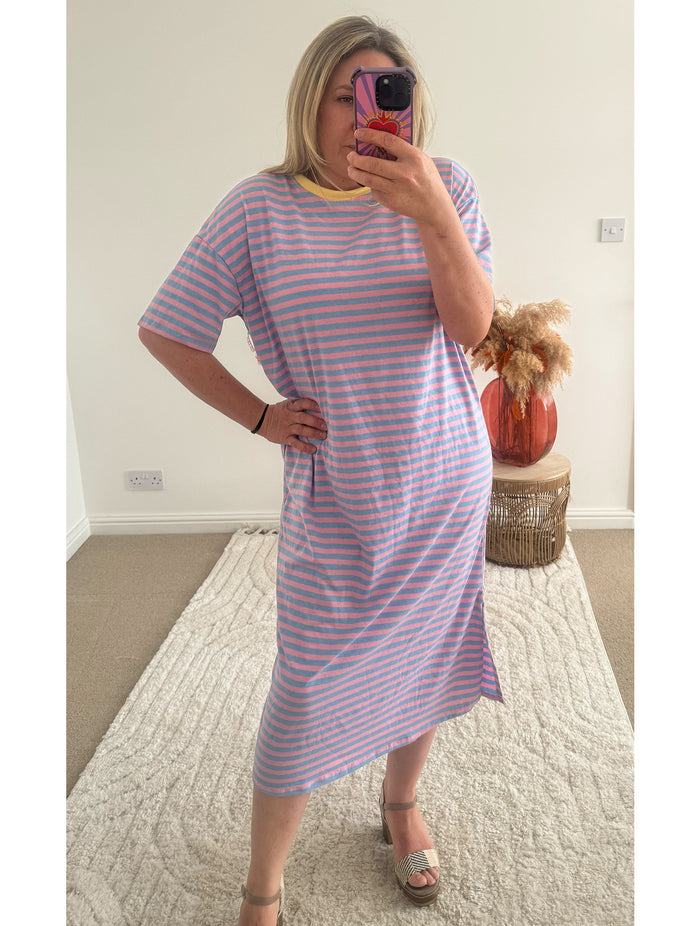 Seaside Stripe Midi T-Shirt Dress | Light Blue and Pink