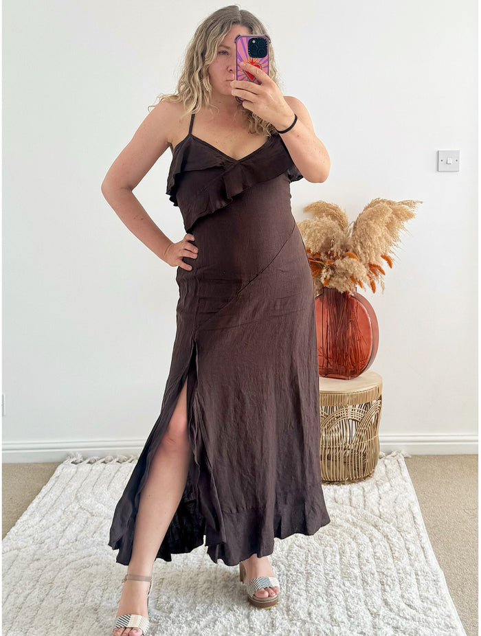 Ruffle Detail Premium Linen Midi Dress | Chocolate