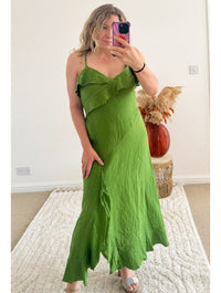 Ruffle Detail Premium Linen Midi Dress | Fresh Green