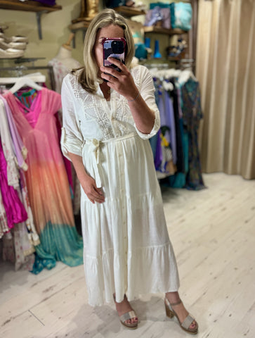 Maggie Linen Mix Tiered Maxi Dress | Ivory