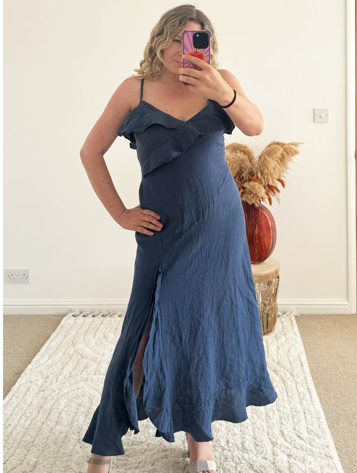 Ruffle Detail Premium Linen Midi Dress | Navy