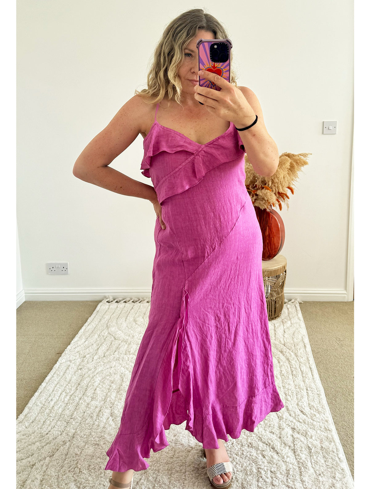 Ruffle Detail Premium Linen Midi Dress | Pink/Purple