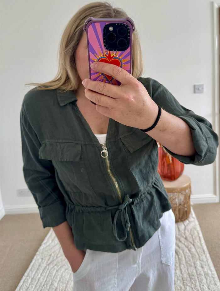 Linen Cropped Zip Safari Jacket | Khaki