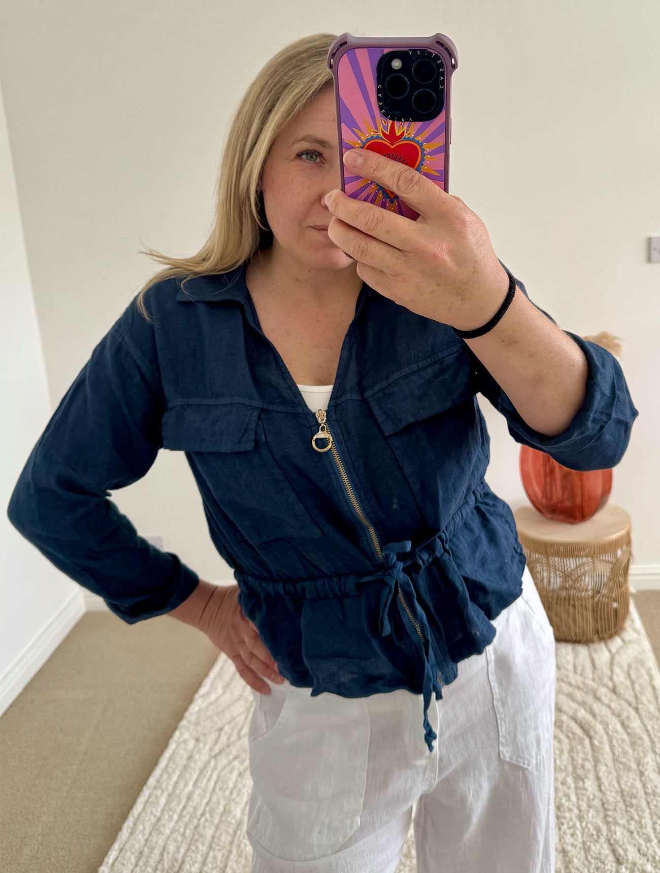 Linen Cropped Zip Safari Jacket | Navy Blue