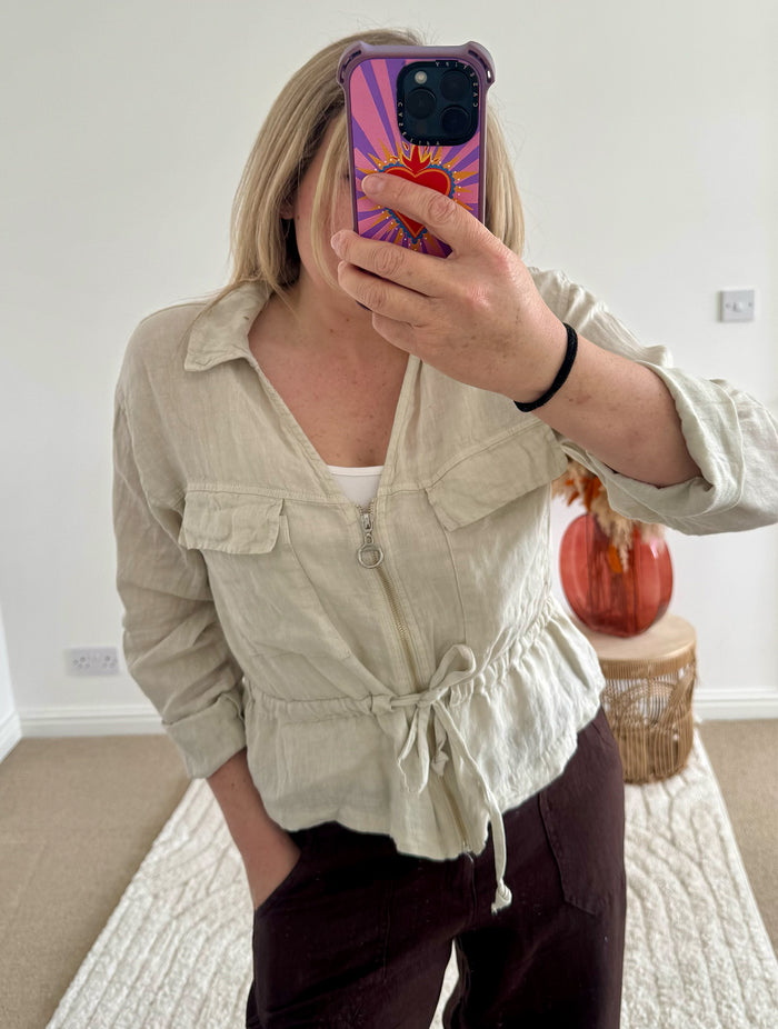 Linen Cropped Zip Safari Jacket | Stone