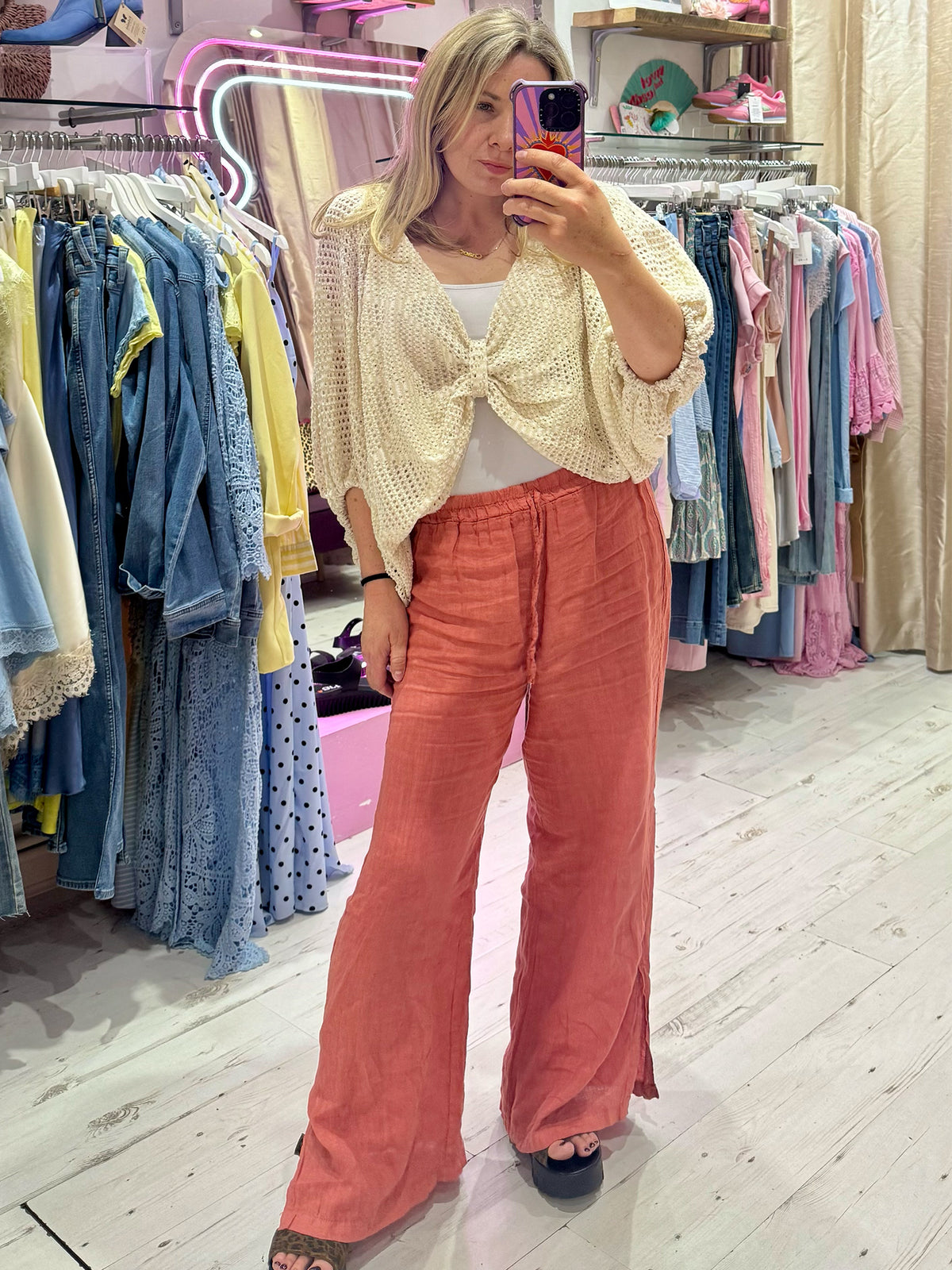 Linen Wide Leg Trousers with Ankle Split | Soft Terracotta