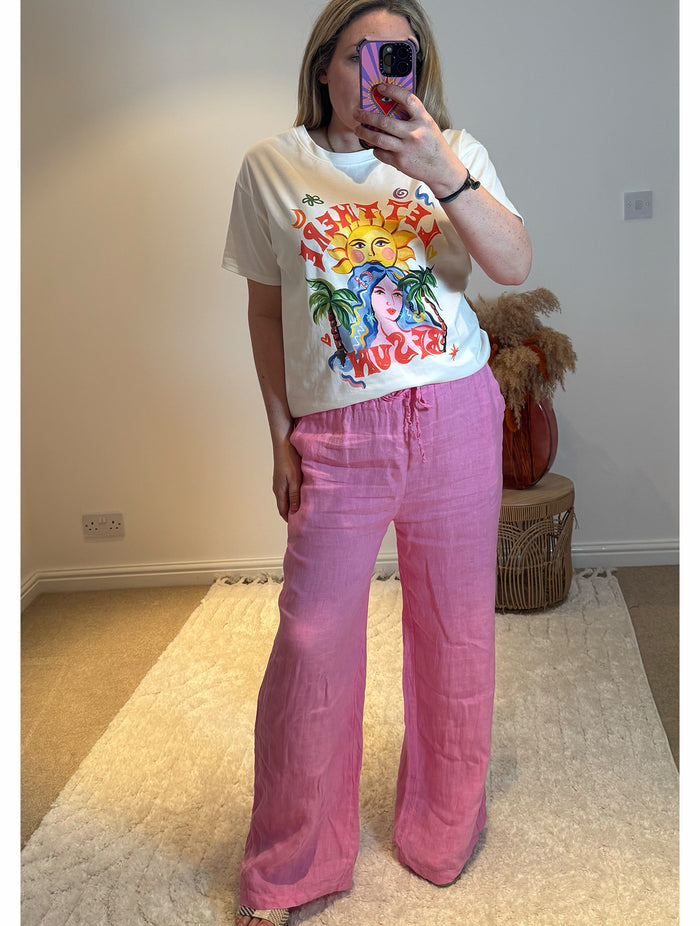 Linen Wide Leg Trousers | Pink