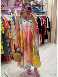 Colourful Lobster Design Midi Dress | Pink/Yellow