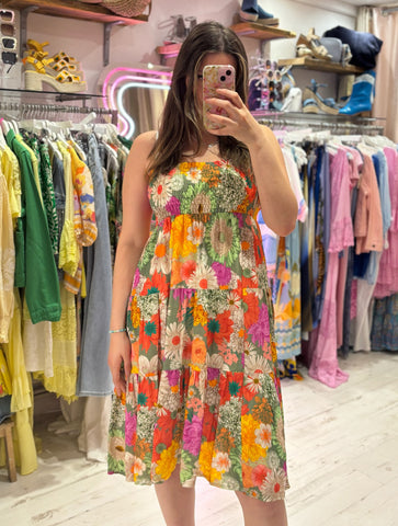 Louisa Printed 2-in-1 Dress and Skirt | Retro Flowers Khaki Multi
