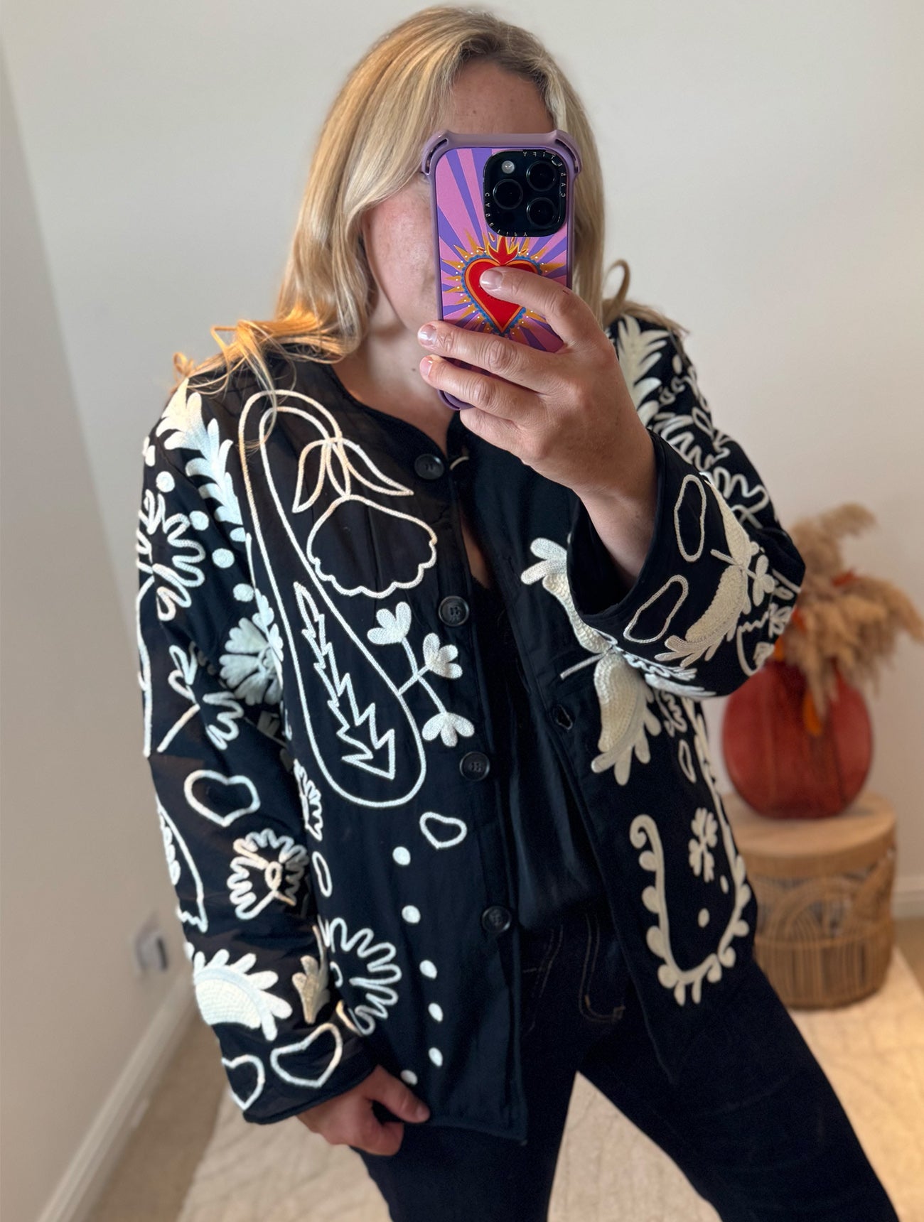 Boho LOVE Embroidered Cotton Quilted Button Front Jacket | Black