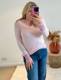 Lace Detail Long Sleeved V-Neck Top | Light Pink