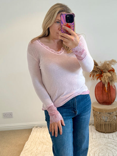 Lace Detail Long Sleeved V-Neck Top | Light Pink