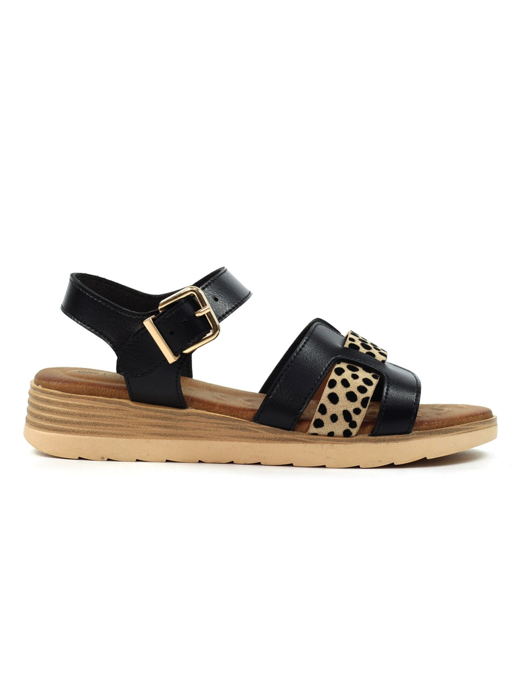 Lunar | Carla Animal Print Flat Sandal | Black