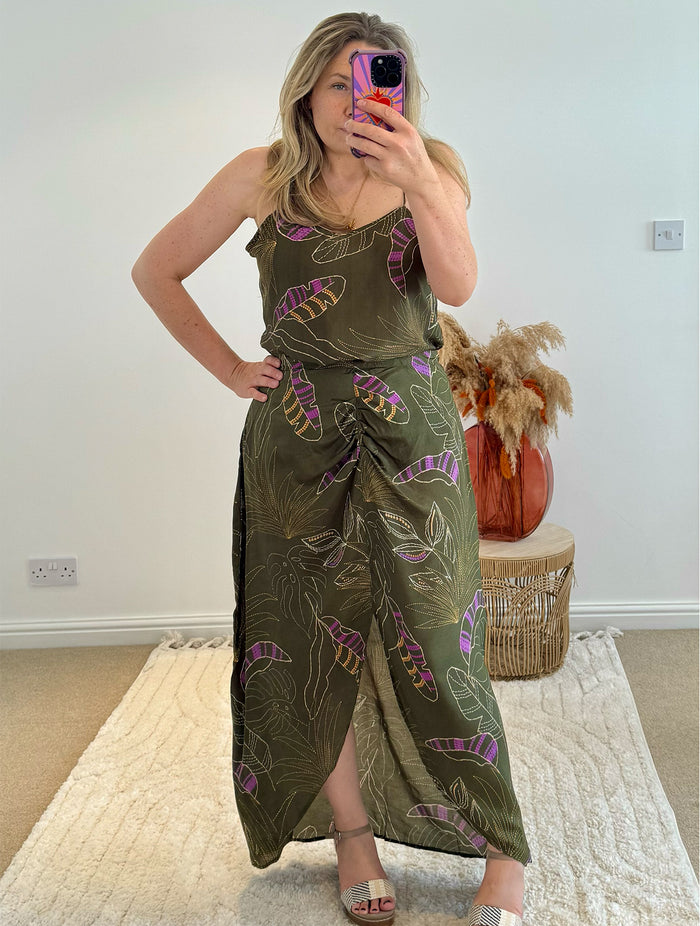 Thea Split Front Maxi Skirt | Khaki Graphic Tropical Print